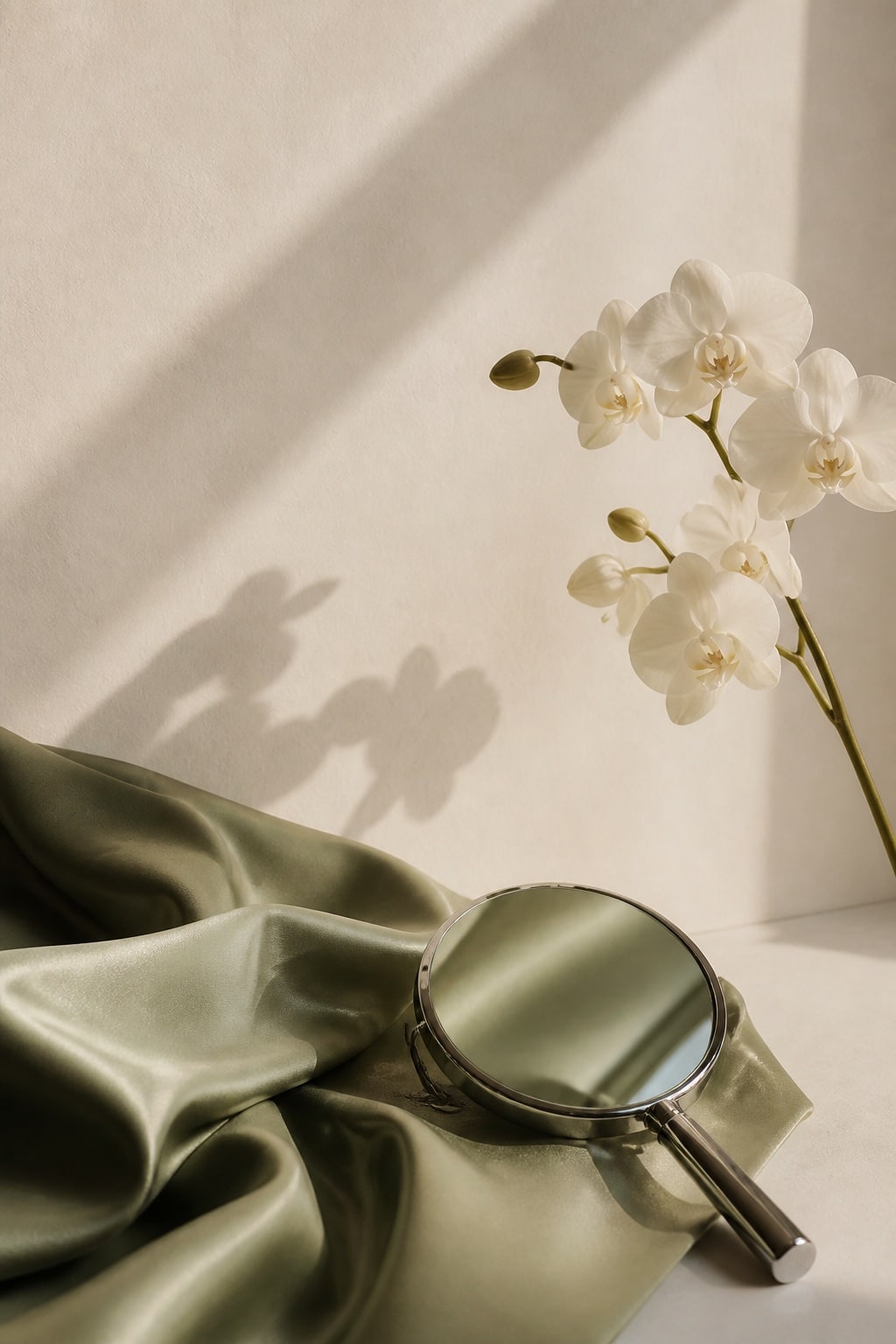 Ivory orchids, sage silk and a hand mirror in soft afternoon light